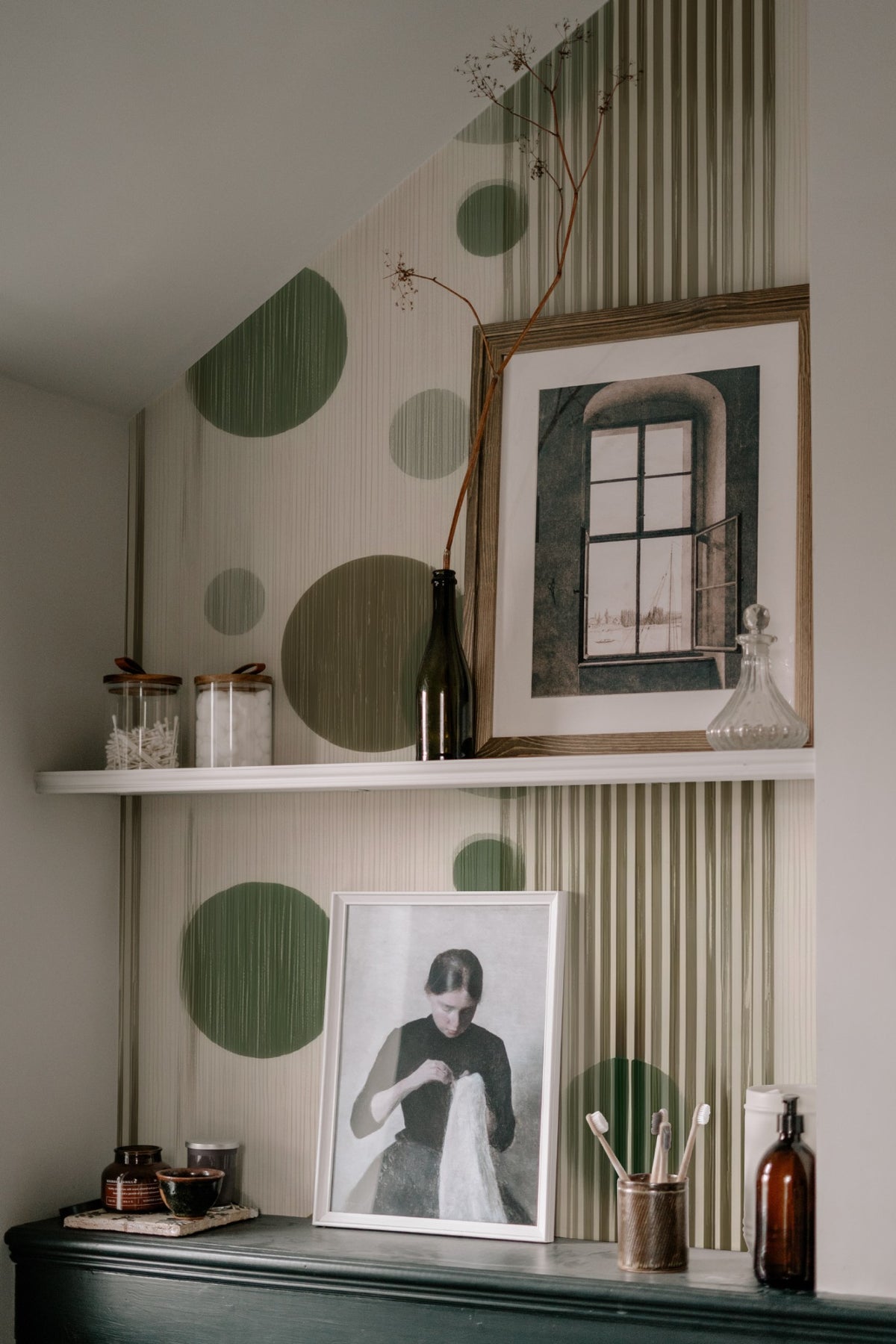 Olive Beads large scale wallpaper in a styled room