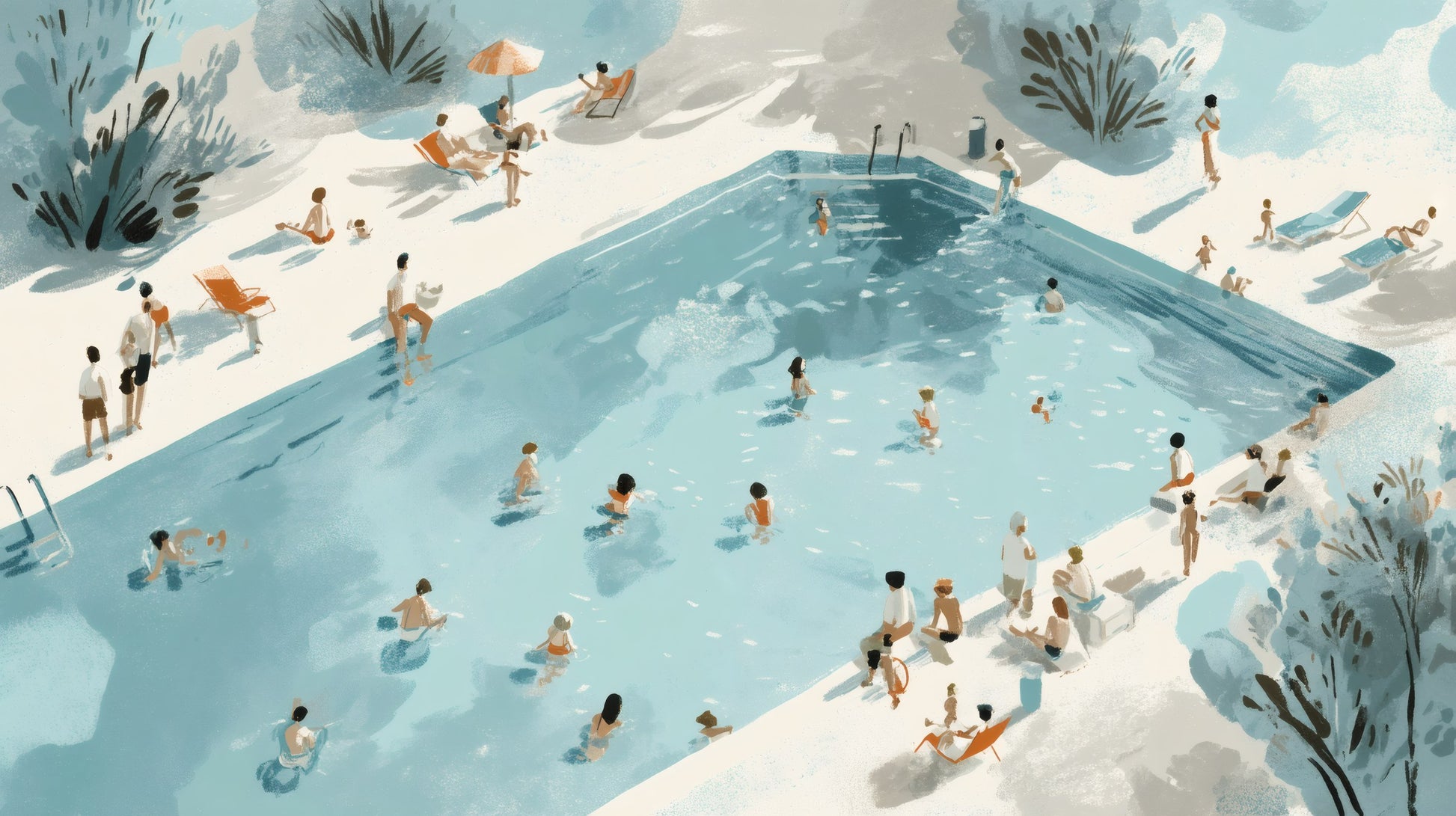 Stylized illustration of people swimming and sunbathing around a bright blue pool in a painterly summer scene.