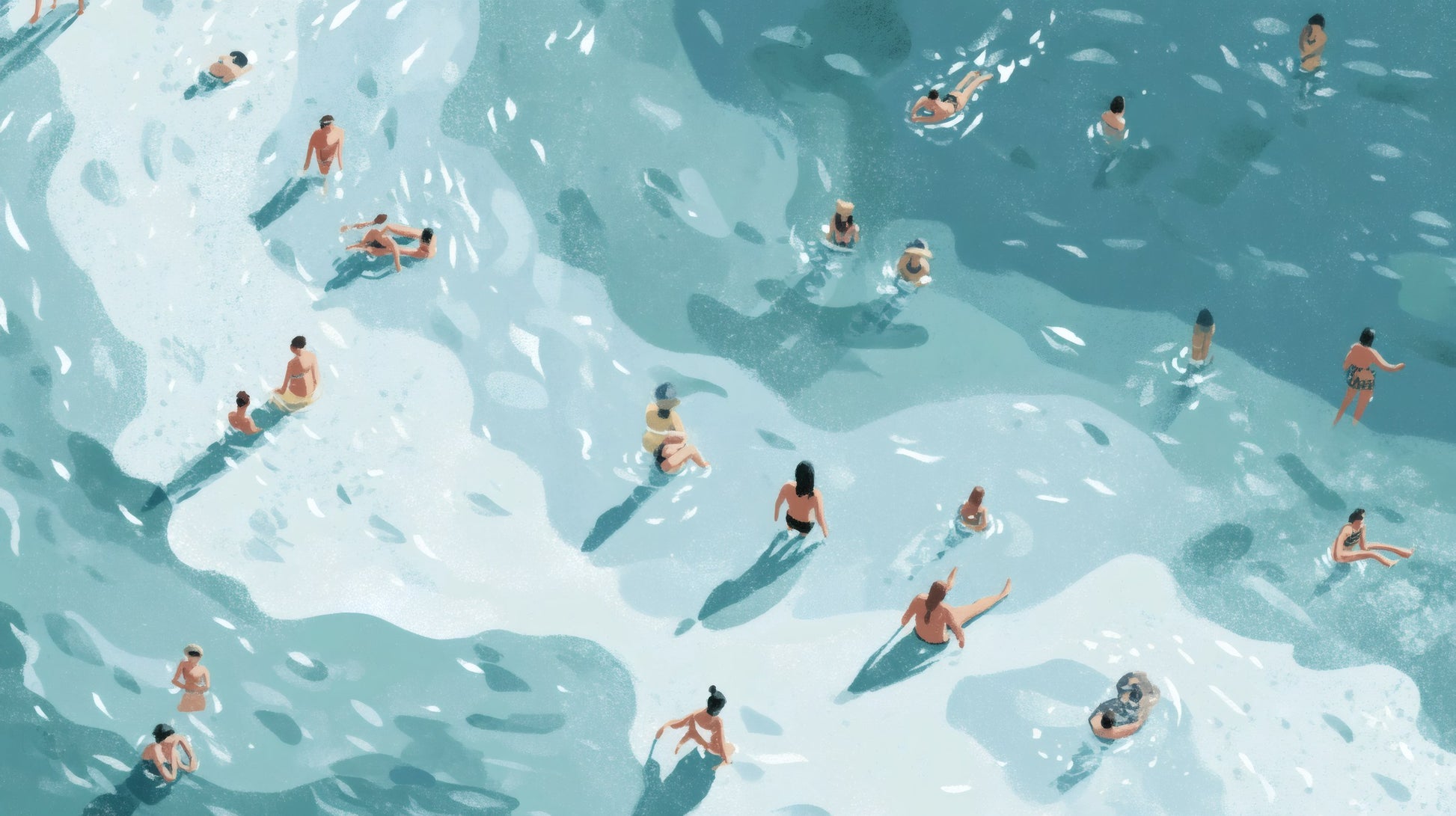 Painterly illustration of people swimming in shimmering turquoise ocean water with soft shadows and white foam.
