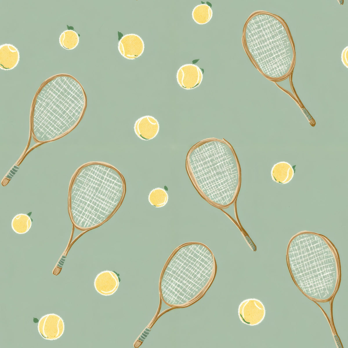Wooden tennis rackets and yellow tennis balls on a soft sage-green ground.