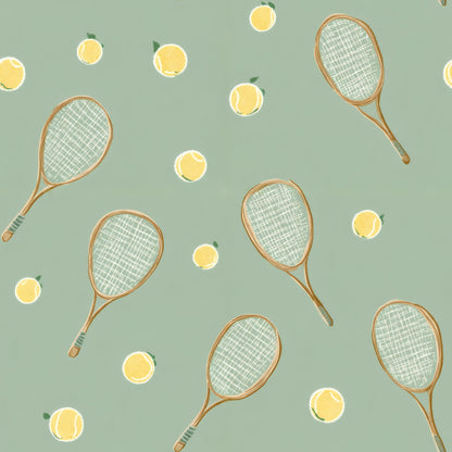 Wooden tennis rackets and yellow tennis balls on a soft sage-green ground.