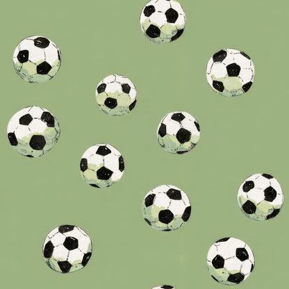 Black and white soccer balls scattered on a sage-green ground.
