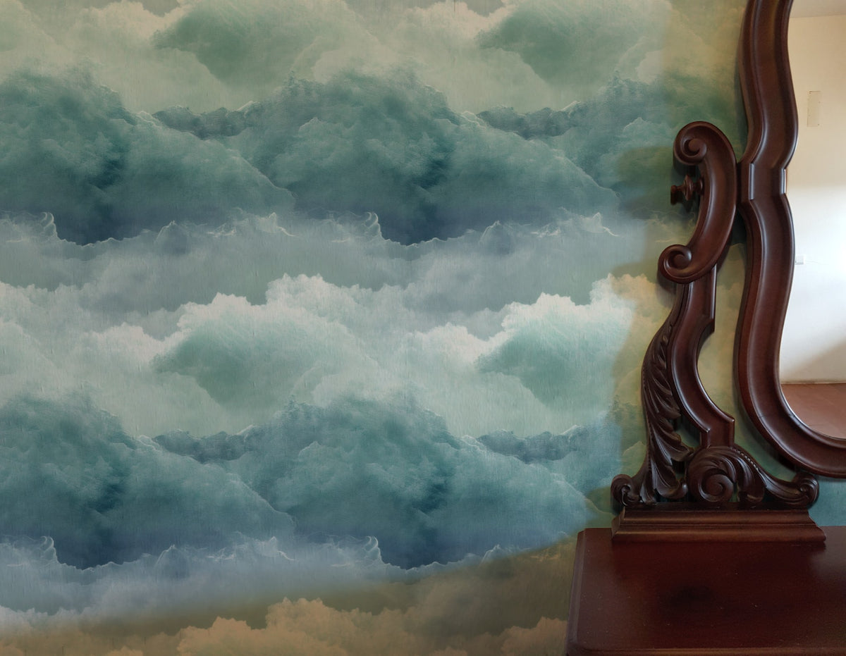 Sea Mist large scale wallpaper in a styled room