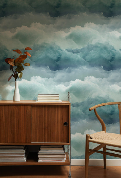 Sea Mist large scale wallpaper in a styled room
