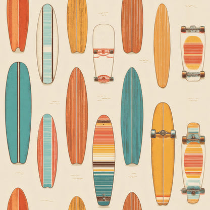 Teal, orange and yellow surfboards and skateboards with sunset stripes on a sandy ground.