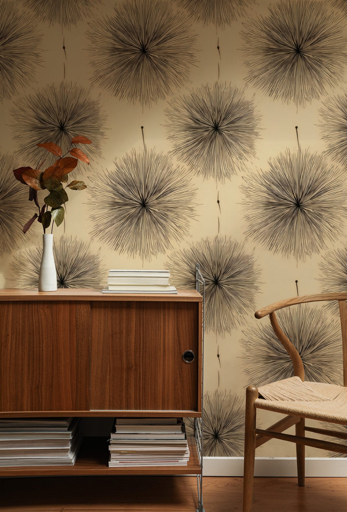 Thistle Puff large scale wallpaper in a styled room