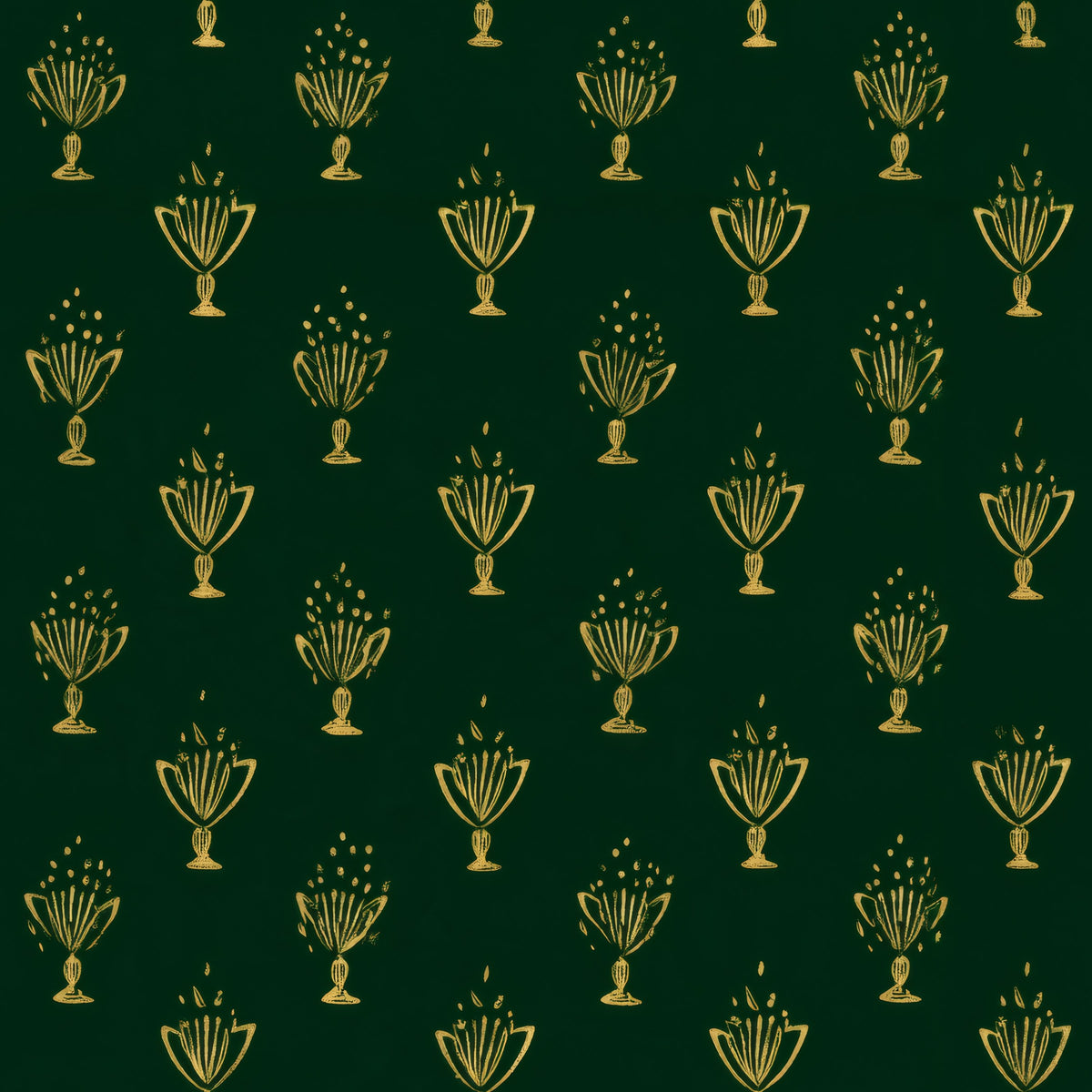 Small gold trophy cups in staggered rows on a deep forest-green ground.
