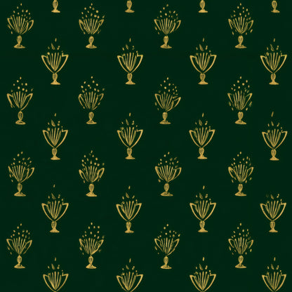 Small gold trophy cups in staggered rows on a deep forest-green ground.