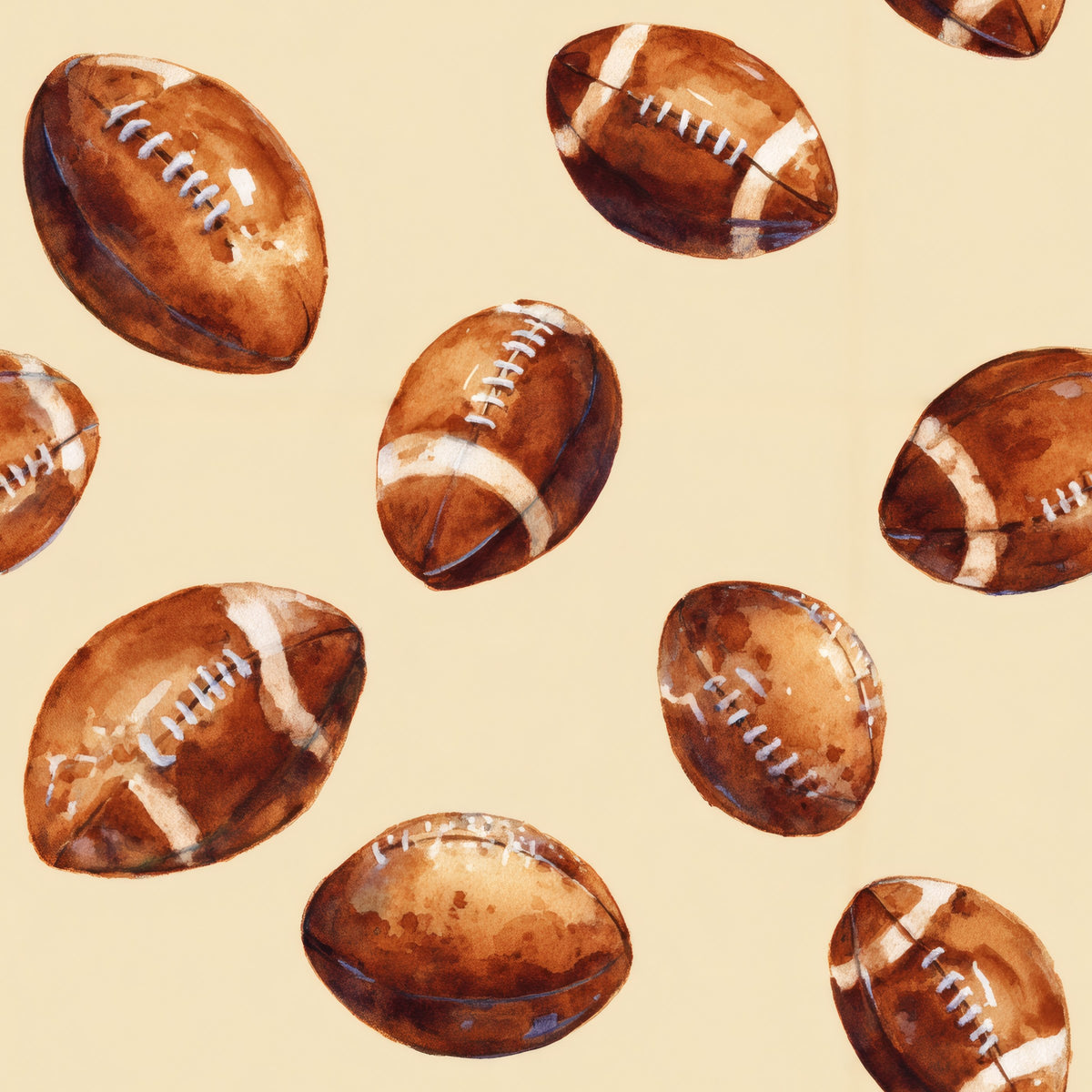 Brown leather American footballs painted in watercolor on a warm cream ground.