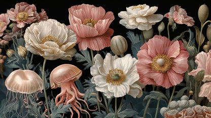 Detailed illustration of pink and cream poppies with jellyfish on a black background.