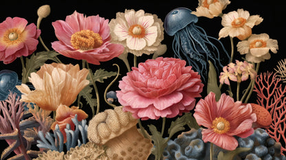 Surreal illustration of pink flowers, blue jellyfish, and coral on a black background.