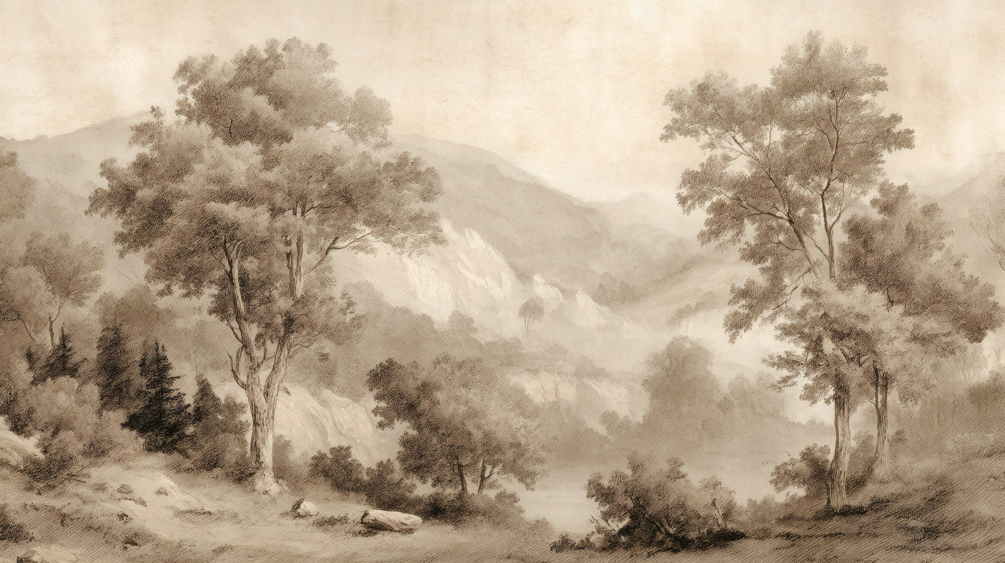 Fine-line sepia landscape sketch featuring deciduous trees, evergreens, and distant mountains in a traditional art style.