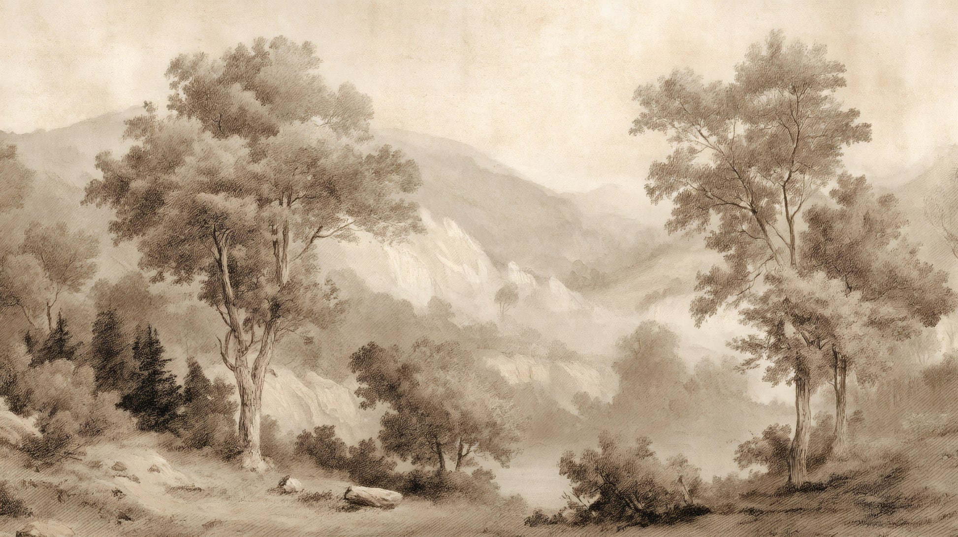 Fine-line sepia landscape sketch featuring deciduous trees, evergreens, and distant mountains in a traditional art style.