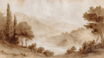 A sepia-toned ink wash mural depicting misty mountains and trees in a serene landscape.