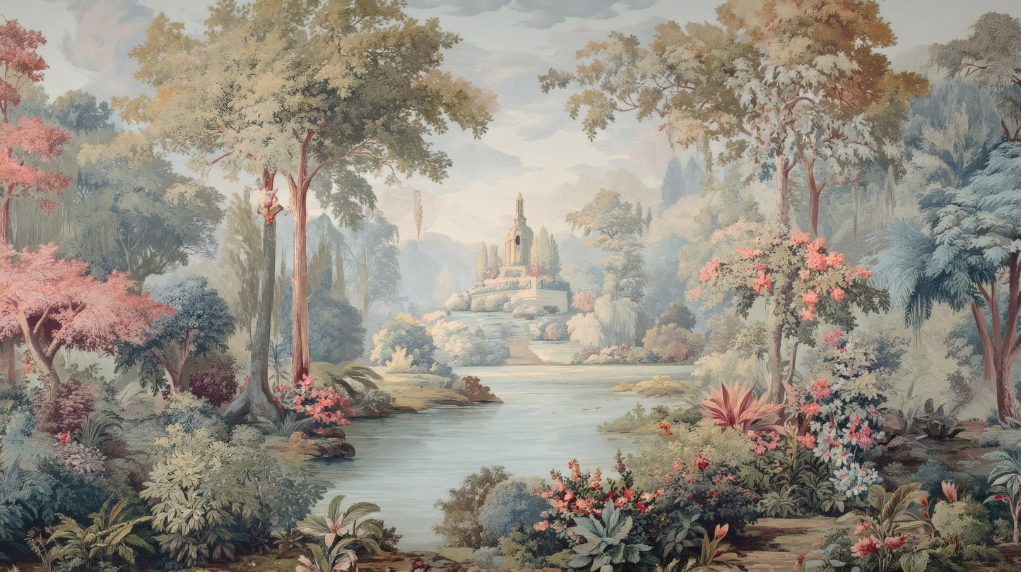 A soft-focus, painterly landscape mural featuring a river, lush trees, and a distant monument in pastel tones.