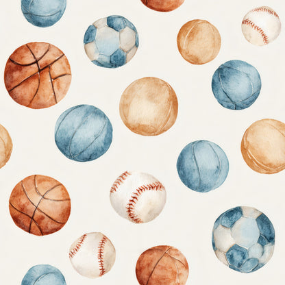 Watercolor basketballs, baseballs, soccer balls and volleyballs in blue, rust and tan on white.